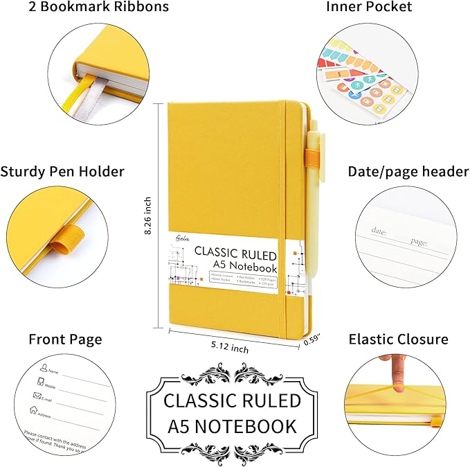 feela 24 Pack Journal Notebook for Work, Business Notebook Bulk Hardcover Lined Writing Journal with Pen Holder for Men Women Note Taking, with 24 Black Pens, 120 GSM, 5.1”x8.3”, A5, Yellow