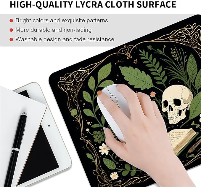 Square Mouse Pad Books and Skulls, Personalized Premium-Textured Custom Mouse Mat Design, Washable Mousepad Cloth, Non-Slip Rubber Base Computer Mouse Pads for Wireless Mouse
