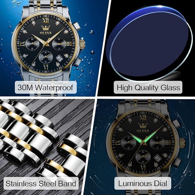 OLEVS Men's Stainless Steel Chronograph Watch, Big Face Gold Silver Black Tone Easy to Read Analog Quartz Watch, Luxury Waterproof Date Diamond Roman Arabic Numerals Dial Dress Watch for Men