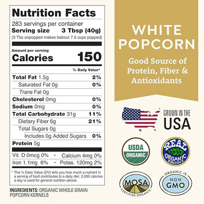 Organic White Popcorn Kernels Unpopped 25 lb Bulk - Healthy, Non-GMO, Gluten-Free, Pesticide-Free, Chemical-Free, Glyphosate-Free, Grown in Regenerative Soil in Wisconsin USA by Doudlah Farms