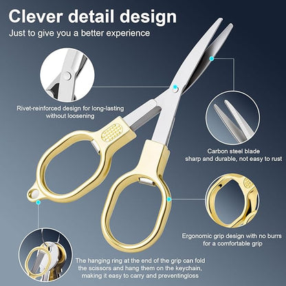 2 Pcs Folding Stainless Steel Portable Mini Small Travel Scissors, Safety Foldable Pocket Badge Nursing Scissors with 2 Keychain for Travel, Home, Office, Craft, Sewing (Gold)