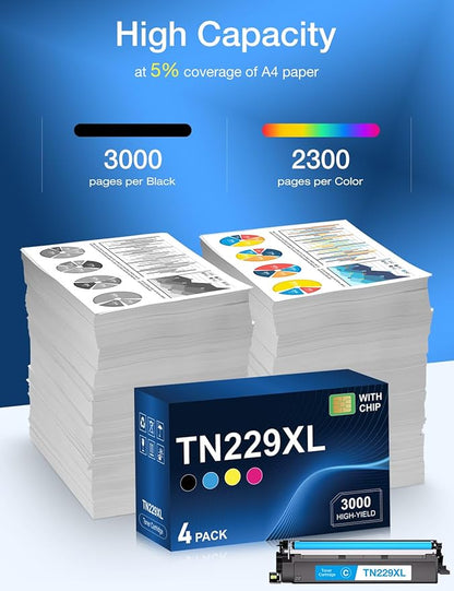 Compatible TN229 TN229XL Toner Cartridge Replacement for Brother TN229XL TN-229 XL to use with MFC-L3720CDW HL-L3220CDW HL-L3280CDW HL-L3300CDW MFC-L3780CDW Printer (4 Pack, BK/C/M/Y)