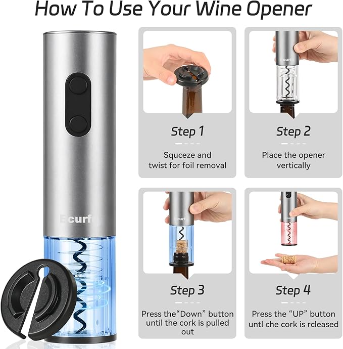 Electric Wine Opener, Battery Operated Wine Bottle Opener with Foil Cutter, One-click Button Corkscrew Remover for Home Kitchen Party Wedding