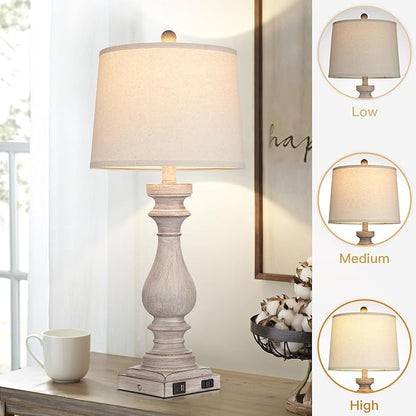 27.5" Farmhouse Table Lamp for Living Room Set of 2,Vintage Bedside Lamps with USB C+A Ports & AC Outlet,3-Way Dimmable Touch Control Gray Washed Finish Nightstand for Bedroom, Gray
