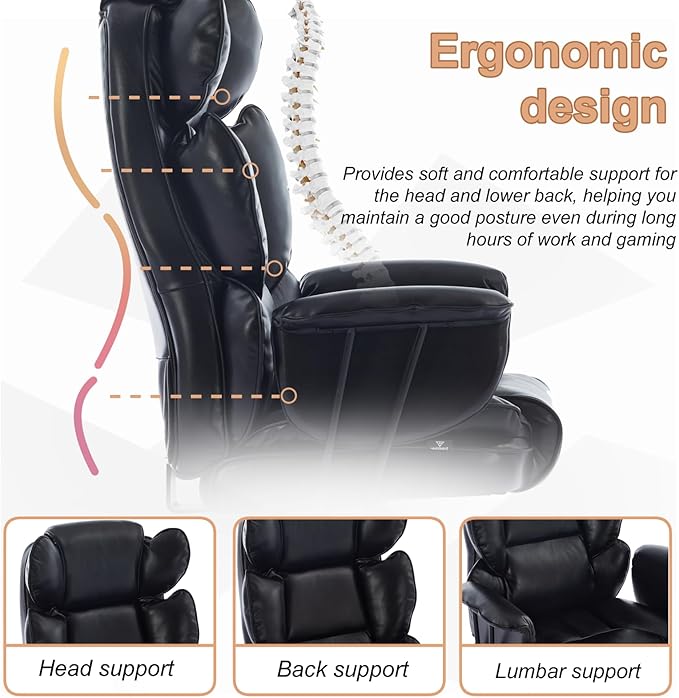 Big and Tall Office Chair 500lbs, Office Chair for Heavy People with Wide Seat and Lumbar Support, Ergonomic High Back Leather Executive Desk Chair with Clamshell Armrests - Black
