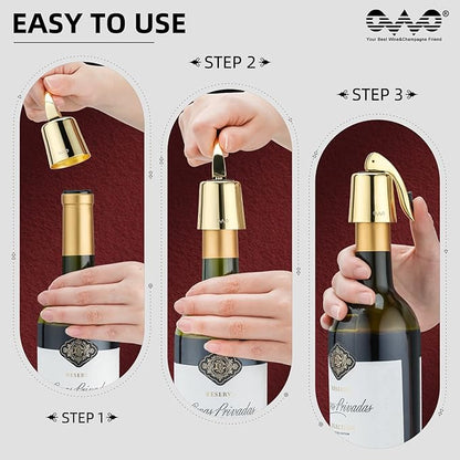 OWO Stainless Steel Wine Bottle Stopper, Reusable Wine Saver with Silicone Seal, Decorative Bottle Sealer, Keeps Fresh (Gold, 2 Pack)