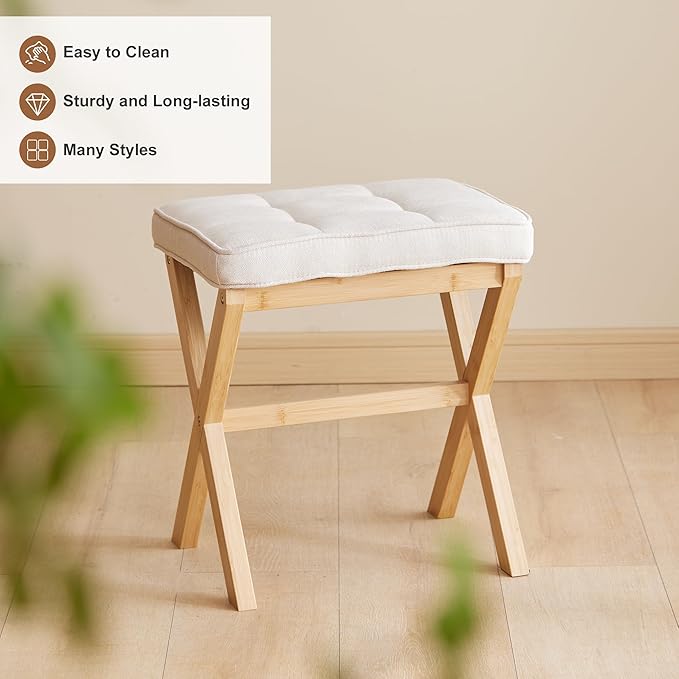 FILWH Foot Stool Small Ottoman Foot Rest Padded Foot Stool Desk Foot Stool for Under Office Desk Vanity Stool Bamboo Footstool Sofa Footrest Shoe Stool Small Foot Stools (Natural Legs + Beige)