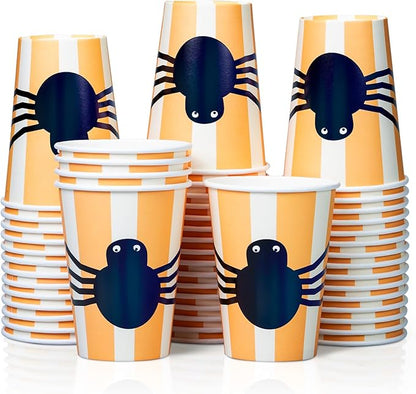 Halloween Disposable Paper Party Cups, Bulk 50 Pack, Leak-Resistant, 12 oz Hot and Cold Cups for Restaurants and Parties, Spider