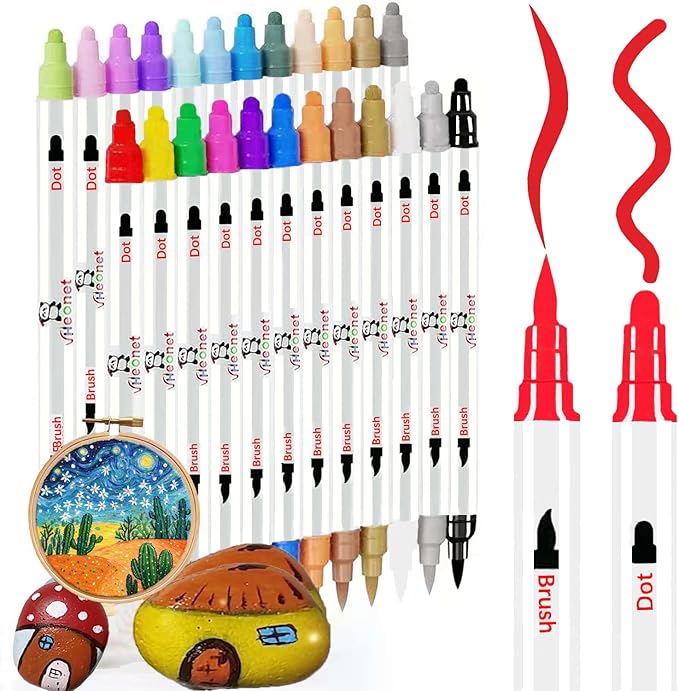 Acrylic Paint Markers, 24 Colors Fabric Markers ,Acrylic Paint Pen Dual Tip with Brush Tip and Dot Tip, No Bleeding Coloring Marker for Wood, Rock, Canvas, Glass, Metal, Ceramic, Plastic, Fabric