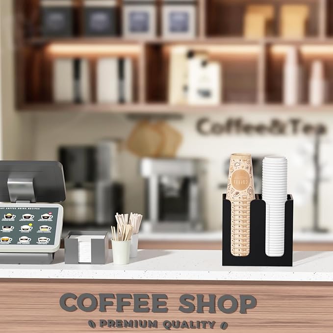 WINFFOR Disposable Cup Organizer Dispenser - 2 Compartments Black Acrylic Cup and Lid Holder with Handles Plastic Cup Dispenser Countertop Paper Cup Holder for Coffee Bar House Party Essentials