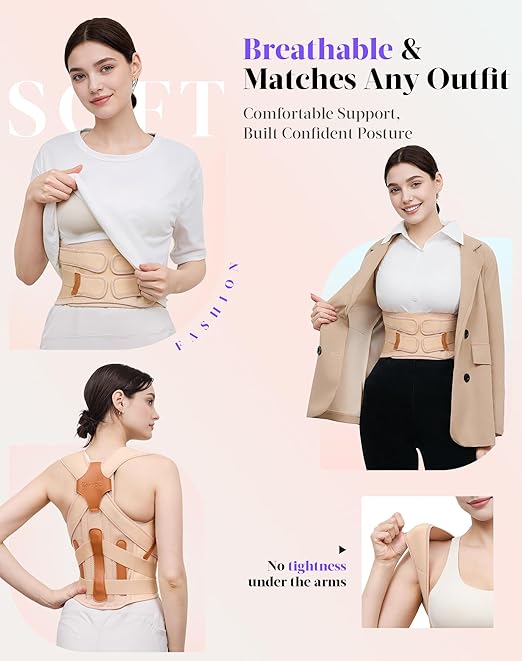 Posture Corrector for Women and Men, 5 Full Back Support Brace Rods, Adjustable Shoulder Straightener, FSA&HSA Eligible, Relief for Upper and Lower Back, Lumbar, Neck Pain (Beige, Large)
