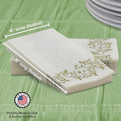 SimuLinen Gold Floral Disposable Linen Feel Bathroom Paper Towels - Soft, Cloth-Like, Single-Use, 12"x17" 300ct (Made in USA)