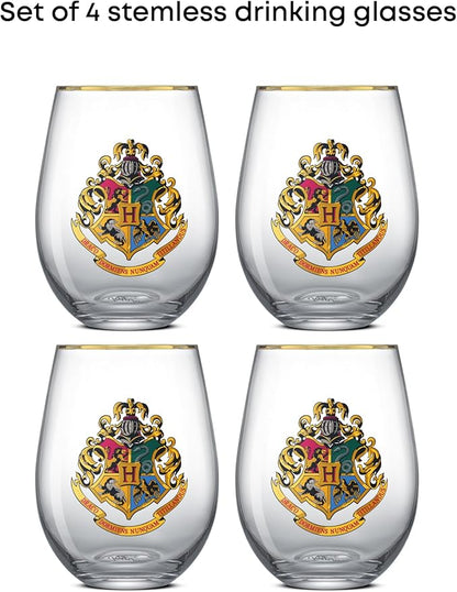 JoyJolt Harry Potter Hogwarts Heritage Stemless Drinking Glasses, 19oz Glass Tumblers, Teardrop Glass Drinking Glasses Set of 4, Hogwarts Cup, Harry Potter Gifts for Adults