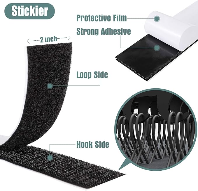 Navona 27Ft x 2 Inch Hook and Loop Strips with Adhesive, Heavy Duty Self Adhesive Tape with Back, Strong Sticky Back Fastener Roll for Home, Office, School, Crafting, Black