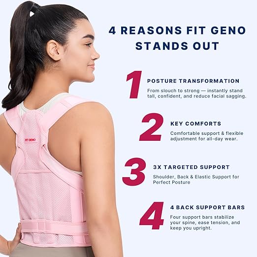 Fit Geno Back Brace and Adjustable Posture Corrector And Trainer for Women and Men, Back Straightener, Scoliosis and Hunchback Correction, Back Pain, Spine Support, Pink, Medium (Waist 34-41 Inch)