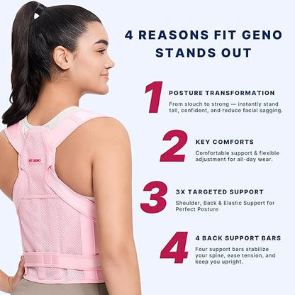 Fit Geno Back Brace and Adjustable Posture Corrector And Trainer for Women and Men, Back Straightener, Scoliosis and Hunchback Correction, Back Pain, Spine Support, Pink, Medium (Waist 34-41 Inch)