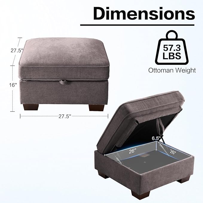 TEKAMON 27.5" Storage Ottoman, Square Footrest with Sponge Padded Seat, Chenille Fabric Step Stool for Sofa, Bedroom, Living Room, Entryway, Modern Change Shoes Stool, Wood Legs,(Dark Grey)