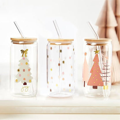 Santa Barabara Design Studio Blush Collection Holiday Cold Brew Glass Travel Tumbler Cup with Bamboo Lid and Glass Straw, 16 Fluid Ounces, Stars