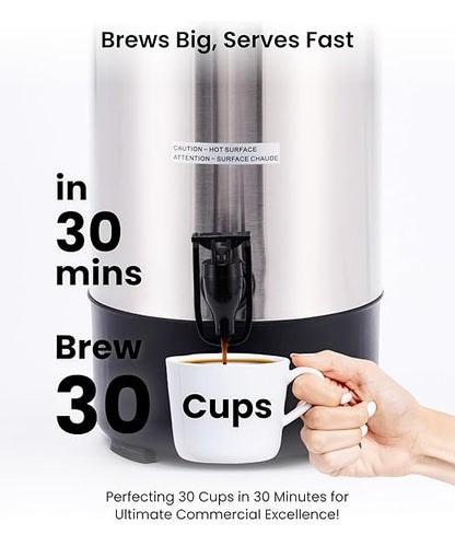 SYBO SR-CP30C Commercial Grade Stainless Steel Percolate Coffee Maker, Hot Water Urn for Catering, Hot Beverage Dispenser, 30-Cup, 3.5L, Metallic