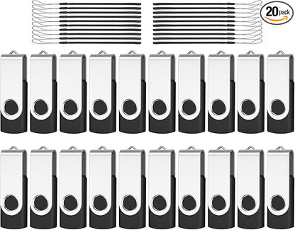 AreTop 20-Pack Flash Drive 4GB Bulk Thumb Drives USB 2.0 Metal Memory Sticks with Lanyard,Portable Keychain Jump Drive Multipack for Date Storage at Home & The Office Black