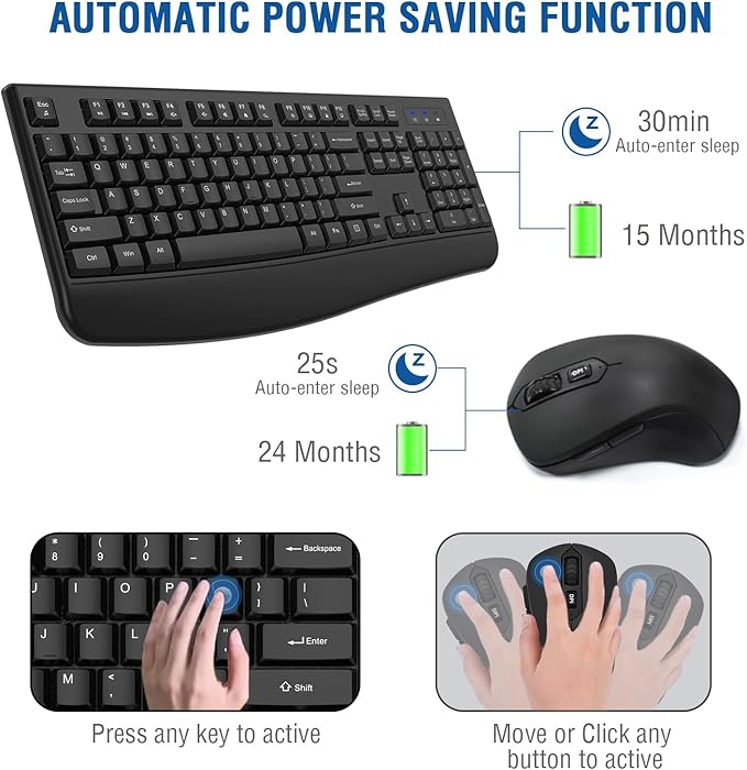 Wireless Keyboard and Mouse Combo, EDJO 2.4G Full-Sized Ergonomic Computer Keyboard with Wrist Rest and 3 Level DPI Adjustable Wireless Mouse for Windows, Mac OS Desktop/Laptop/PC(2 Pack)