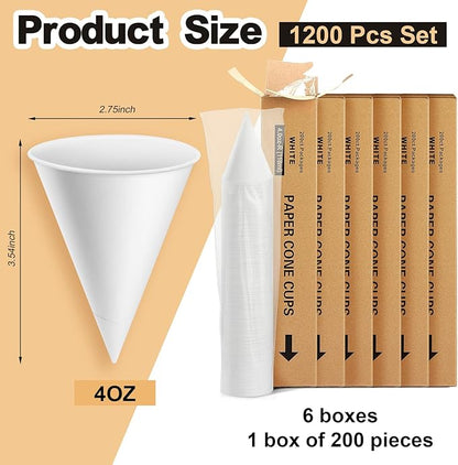 Roshtia 1200 Pcs 4 oz Paper Cone Cups Thicken Disposable Cone Cups for Shaved Ice, Slushies Water Cooler Dispenser, White