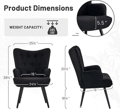 Furniliving Boucle Accent Chair for Living Room, Upholstered Reading Chair with High Backrest, Tufted-Button Wingback Armchair for Bedroom, Dressing Room, Home Office, Black