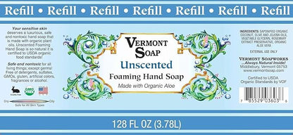 VERMONT SOAP Organics Foaming Hand Soap, Liquid Soap with Pre-diluted Formula - Ready to Use Simply Unscented Hand Soap With Convenient and Economical Gallon Refill Size