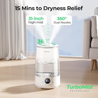 Homvana Humidifiers for Bedroom Home, 3.6 L Cool Mist Top-Fill 34H Super Long Time, Quiet 23dB, Baby Humidifier, Oil Diffuser for Large Room, House, Plant, Nursery, BPA FREE, Ultrasonic (Transparent)