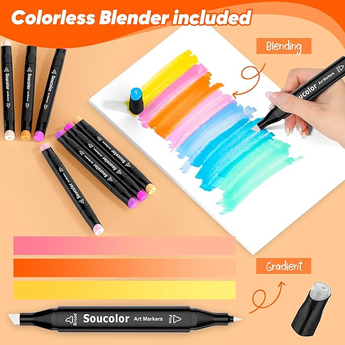 Soucolor Alcohol Markers, 131 Dual Tip Permanent Artist Art Marker for Adult Coloring, Sketching and Illustrations, with Case for Easy Storage, Alcohol Based Markers for Book Painting and Card Making