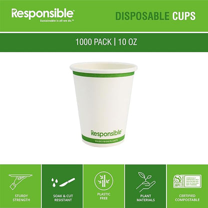 Responsible Products 10 oz Paper Hot Cups, Tree-Less™ Compostable Paper Coffee Cups, Extra Strength, Tree-Free and Made Without PFAS, White (1000 Count)