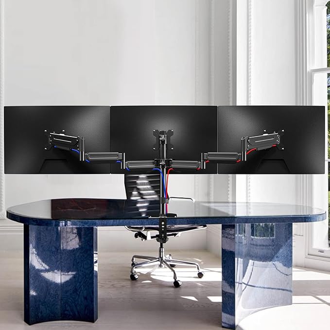 Pholiten Triple Monitor Desk Mount,Triple Gas Spring Monitor Arm for 17-32 inch LCD Computer Screens,Holds up to 22lb,Swivel, Tilt, Rotation, Clamp & Grommet Kit