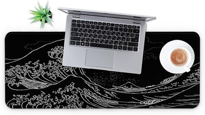 MAY FLOWER Large Gaming Mouse Pad, Full Keyboard Mat, Long Laptop Mousepad, Computer Mouse Mat for Home and Office, Anti-Slip Rubber Base, 31.5 x 11.8 Inches (Black Sea Wave)