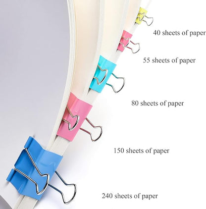 JANYUN 150Pcs Large Binder Clips 6 Assorted Sizes Paper Clamps Clip for Notes Paper Document Organizing Metal Clip Office School Home Supplies (Multicolor)