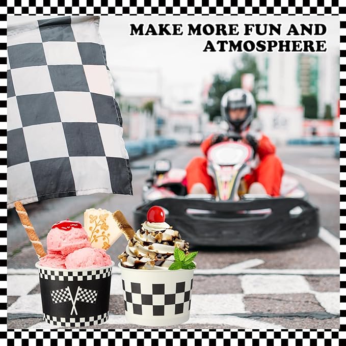 Honeydak 400 Pack 150 ml/ 5 oz Ice Cream Cups for Racing Theme Party Black and White Ice Cream Cups Disposable Treat Paper Dessert Snacks Sundae Container Wedding Birthday Party Supplies