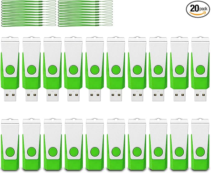 2GB USB Flash Drive 20 Pack AGECASH Thumb Drive Bulk USB 2.0 Flash Drives Swivel Memory Stick Pendrive with Lanyards Zip Jump Drives Multipack for Data Storage (2GB Green)