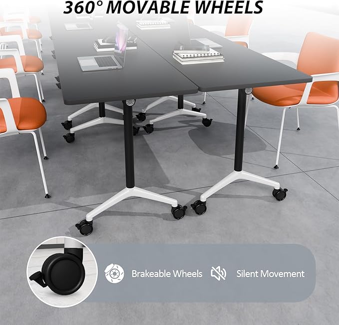 Folding Conference Table Modern Large Mobile Meeting Table Rolling Conference Room Tables with Wheels Seminar Tables for Office Training Classroom (4, Black, 70.9" D X 23.6" W X 29.5" H)