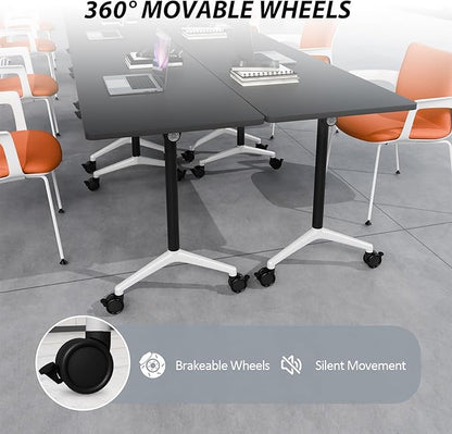 Folding Conference Table Modern Large Mobile Meeting Table Rolling Conference Room Tables with Wheels Seminar Tables for Office Training Classroom (2, Black, 55" D X 23.6" W X 29.5" H)