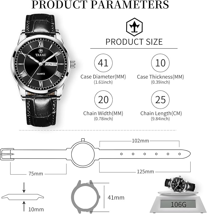 Men's Watch Big Face Easy Read Arabic Numeral Dress Watches for Men Classic Black Brown Leather Band Analog Mens Wrist Watch with Day and Date Fashion Business Waterproof Luminous Quartz Watch