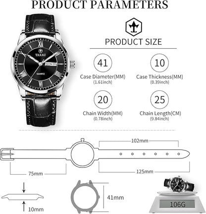 Men's Watch Big Face Easy Read Arabic Numeral Dress Watches for Men Classic Black Brown Leather Band Analog Mens Wrist Watch with Day and Date Fashion Business Waterproof Luminous Quartz Watch