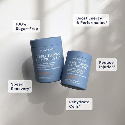 BodyHealth PerfectAmino Electrolytes Powder No Sugar, Keto Sugar Free Fasting Electrolytes Drink Mix, Hydration Powder with Trace Minerals - Orange - 30 Servings