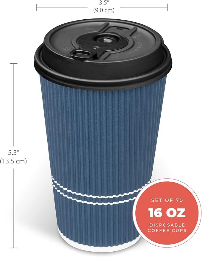Disposable Coffee Cups With Lids - 16 oz To Go Coffee Cup (70 Set). Large Travel Cups Hold Shape With Hot and Cold Drinks, No Leaks! Insulated Ripple Cup Protect Hands, No Sleeves needed!