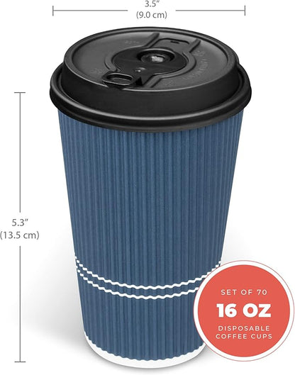 Disposable Coffee Cups With Lids - 16 oz To Go Coffee Cup (70 Set). Large Travel Cups Hold Shape With Hot and Cold Drinks, No Leaks! Insulated Ripple Cup Protect Hands, No Sleeves needed!