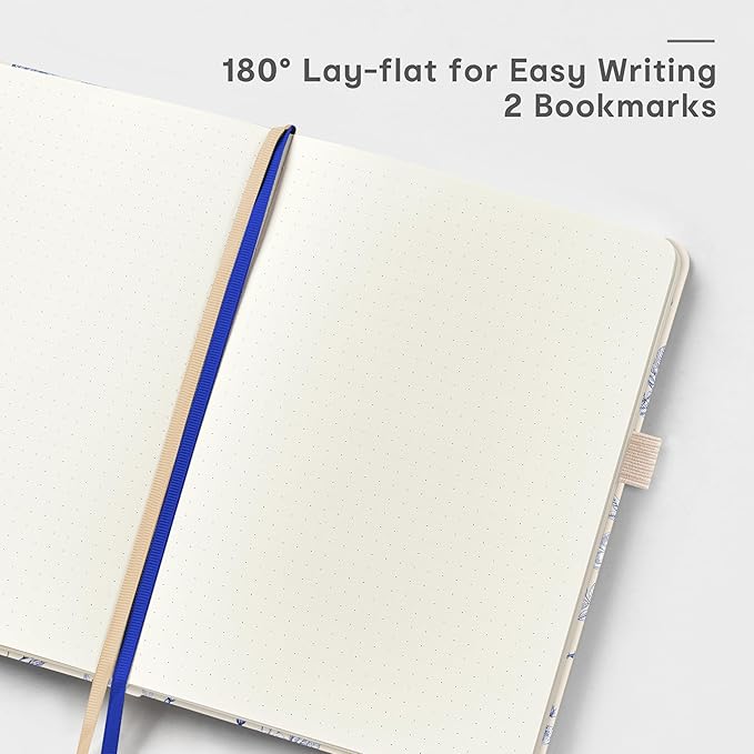 A5 Hardcover Bullet Dotted Journal, 160 Pages 100 gsm Thick Paper, 3 Sheets of Stickers Included - 5.7'' x 8'' (Blue Flowers)