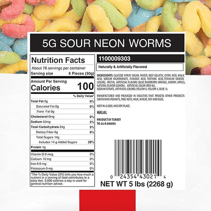 Candy Break Sour Neon Worms, Sour Gummy Candy, Chewy Gummies Candy, Snacks for Kids & Adults, 5 lbs Bulk Share Size Bag, Variety Pack of 1