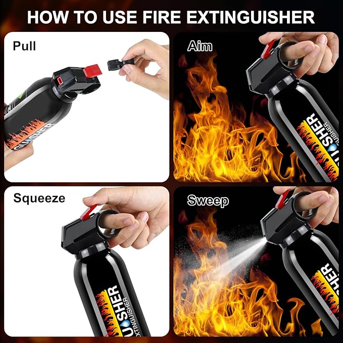 Fire Extinguisher with Mounting Bracket - 4 in 1 Portable A, B, C, K Fire Extinguishers for Boat, 620ml Mini Water-Based Flame Extinguisher for Car, Home, Kitchen, RV, Truck & Office (1 Black)