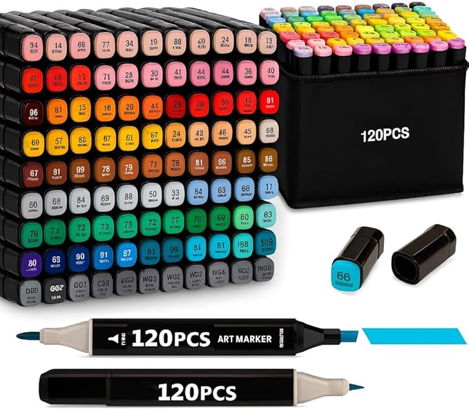 Alcohol Markers Set, 120 Colors Dual Brush Tip Permanent Art Markers for Coloring, Drawing, Sketching, Illustration & Card Making, Art Supplies Gift for Adults, Artists & Kids