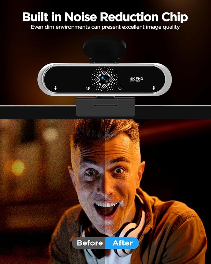 Webcam 4K with Microphone and Webcam Cover Plug and Play with Auto Light Correction for Laptop PC Desktop for Live Streaming Video Call Conference