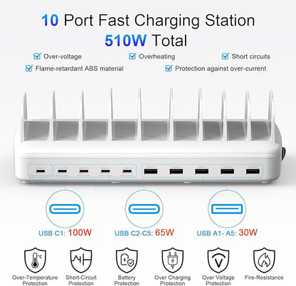 510W Fast Charging Station for Multiple Devices, 10 Port USB C Charger Station with Flame-Retardant Material & 8 Cables for iPhone, Android, iPad, Tablets, Family Office Desk Charging Dock Organizer