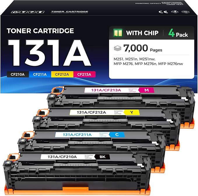 131A Toner Cartridge 4-Pack Black Cyan Yellow Magenta with Chip High Yield Replacement for HP 131A 131X Toner Compatible for HP Laserjet Pro 200 Color MFP M276nw M276n M251nw M251n Printer